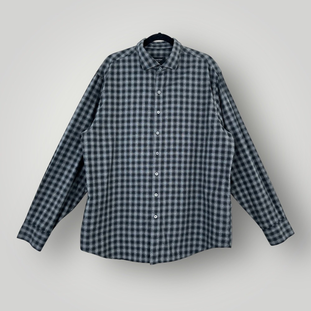 Bugatchi Plaid Button Up Shirt Mens XL Black Gray Long‎ Sleeve Cotton Casual
